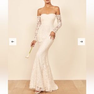 Reformation Off-Shoulder Lace Wedding Dress in Cream